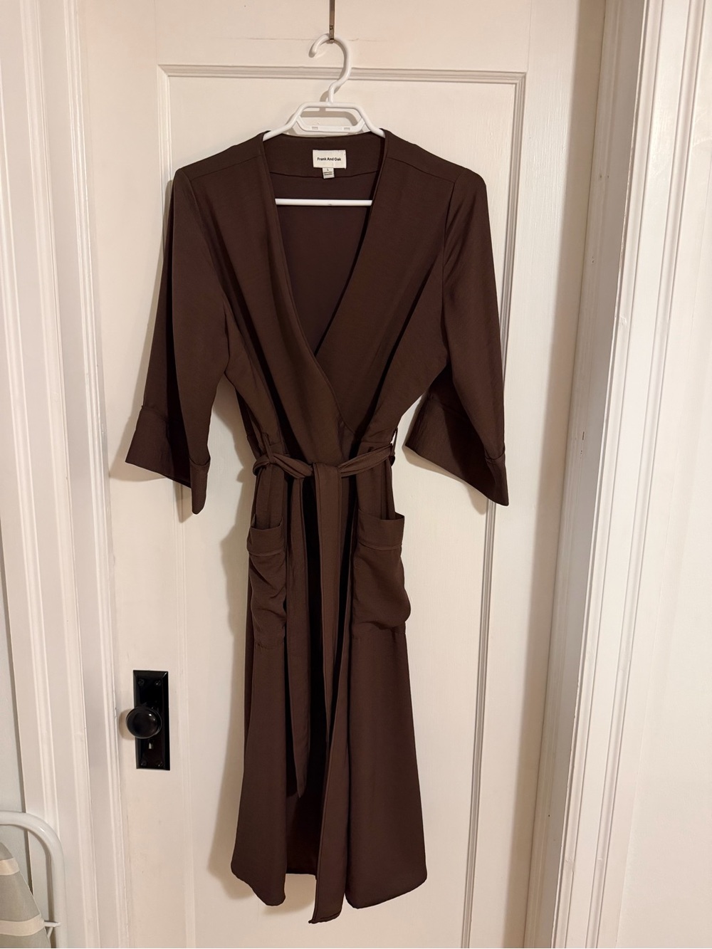 Frank & Oak Brown 3/4 Sleeve Midi Wrap Dress with Pockets